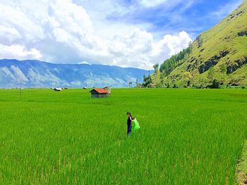 Rear view of man standing on field
