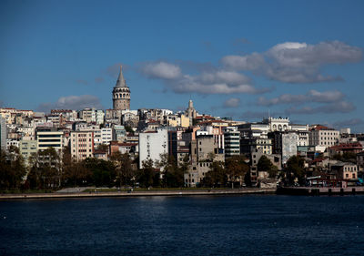 Buildings at waterfront against cloudy sky