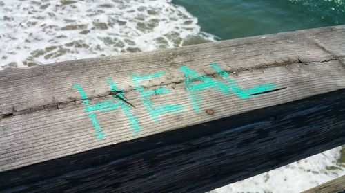 High angle view of text on beach