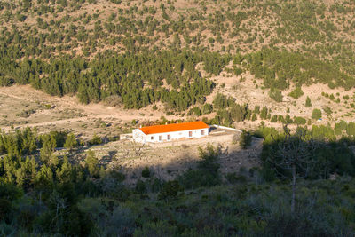 High angle view of building on field