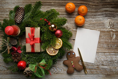 Directly above shot of christmas decorations on table