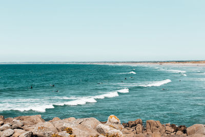 Scenic view of sea against clear sky