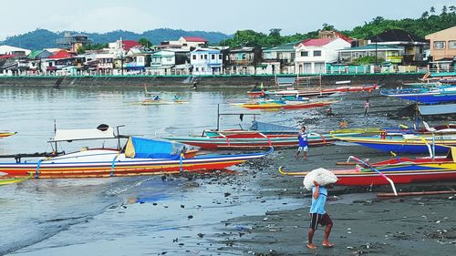 High angle view of boats in town