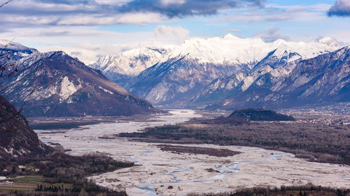 Scenic view of snowcapped mountains against sky