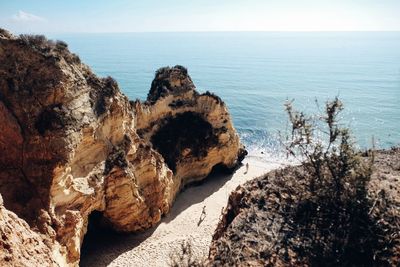 Rock formations by sea against sky