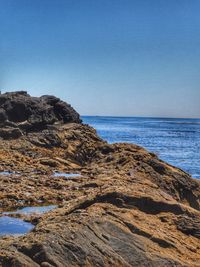 Scenic view of sea against clear blue sky