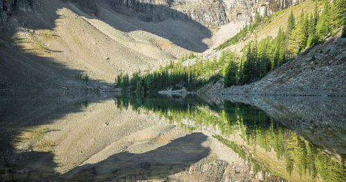 Perfect reflections on beautiful alpine lake, lake agnes, banff national park, alberta, canada