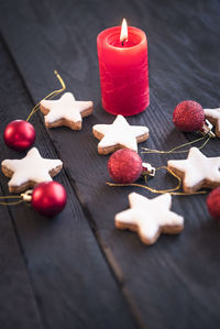 High angle view of christmas decoration on table