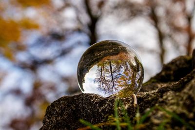 Low angle view of crystal ball on rock