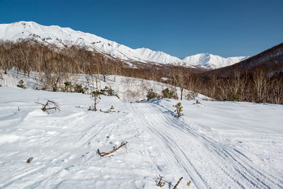 Snowcapped landscape against clear sky