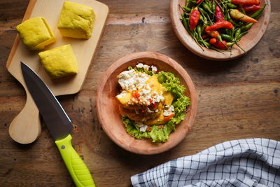 High angle view of food served on table