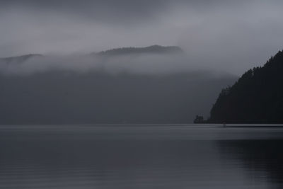 Scenic view of lake by silhouette mountain against sky