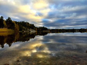 Scenic view of lake against cloudy sky