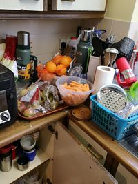 Elevated view of food on table at home