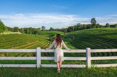 Rear view of woman standing on field against sky