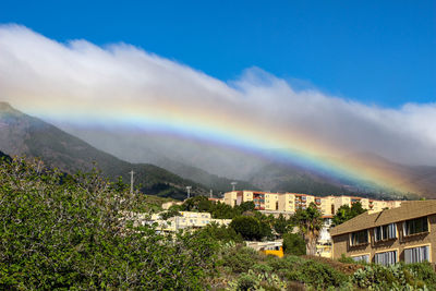 Rainbow over townscape against sky