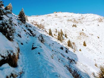 Scenic view of snow covered mountains against clear sky