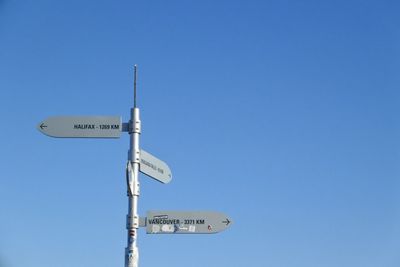 Low angle view of road sign against clear blue sky