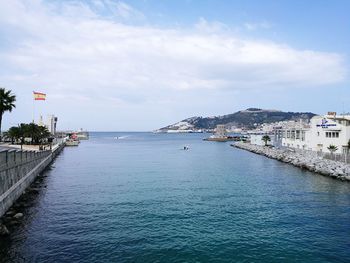 Scenic view of sea against sky in city