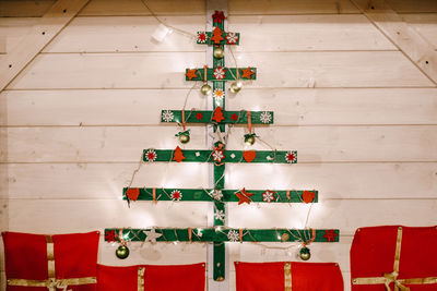 Close-up of christmas decoration hanging against wall