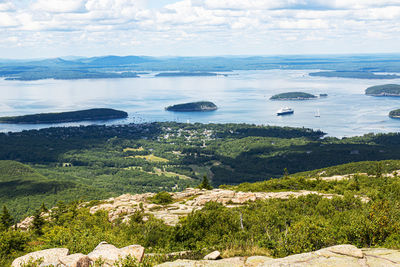 View of bar harbor, porcupine islands, cruise ship and frenchmen bay from 
cadillac mountain.