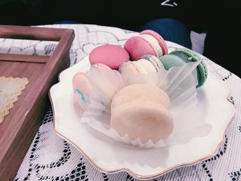 High angle view of cake in plate on table