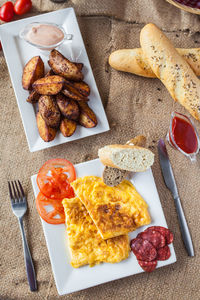 High angle view of breakfast on table