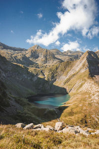 A scenic view on a mountain lake in the pyrenees.