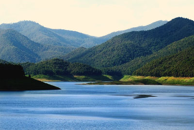 Scenic view of lake and mountains against sky