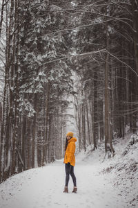 Rear view of woman walking on snow covered land