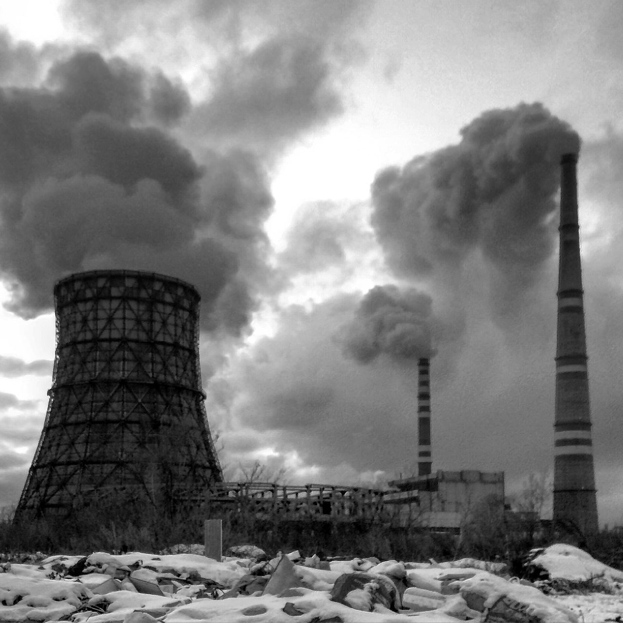 architecture, built structure, sky, building exterior, smoke stack, cloud - sky, factory, day, outdoors, air pollution, no people, industry, nature