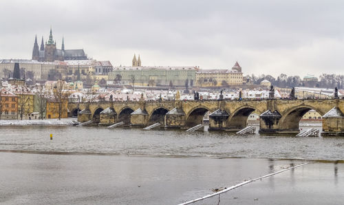 View of bridge over river against buildings