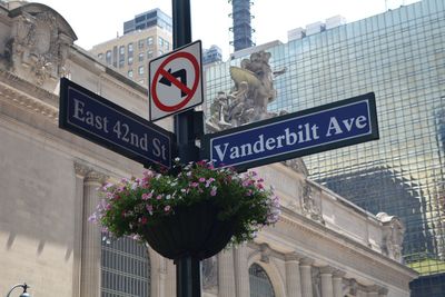 Low angle view of information sign on road by building