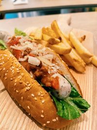 Close-up of food served on table