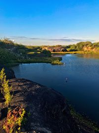 Scenic view of lake against blue sky