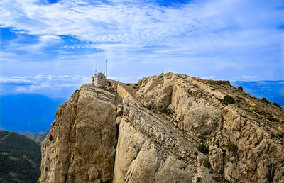 Low angle view of rock formations against sky