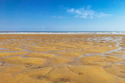 Scenic view of beach against blue sky