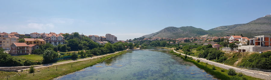 Panoramic view of buildings in town against sky