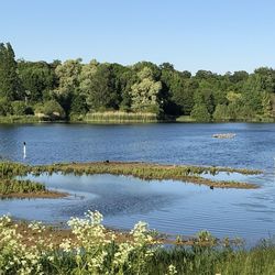 Scenic view of lake against clear sky