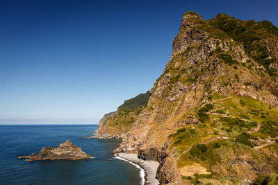 Rock formations by sea against clear blue sky