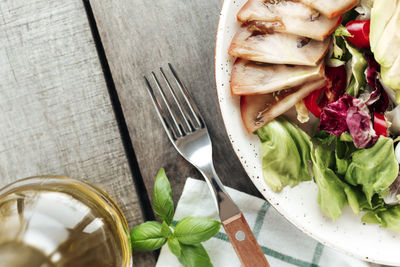 High angle view of food in plate on table