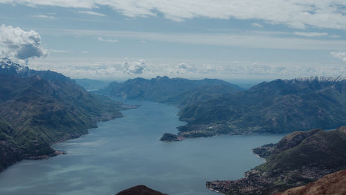 Scenic view of sea and mountains against sky