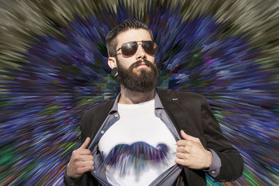 Portrait of young man wearing sunglasses while standing against trees