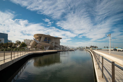 Bridge over river by buildings against sky