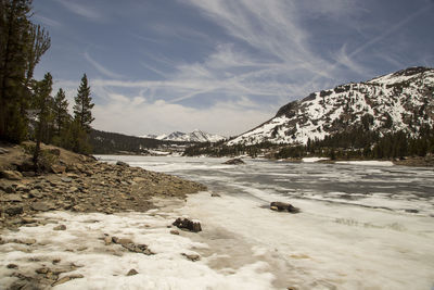 Scenic view of snowcapped mountain against sky during winter
