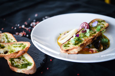 High angle view of breakfast served in plate