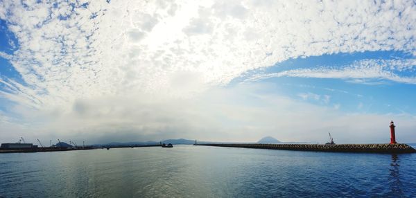 Panoramic view of bridge over sea against sky