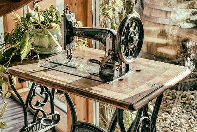 Potted plant on sewing on machine