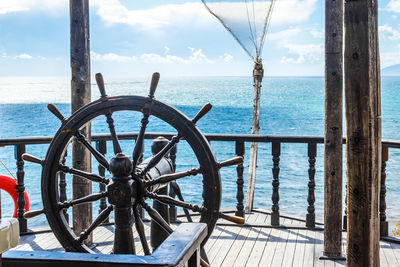 Ferris wheel by sea against sky