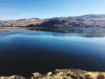 Scenic view of lake and mountains against clear sky